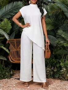 SHEIN Lady 大码女式纯色立领不对称下摆衬衫和阔腿裤休闲两件套 - 白色 - 查看 1