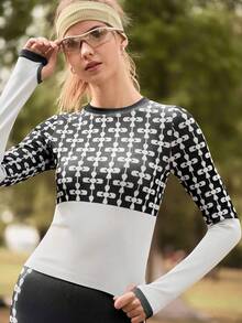 In My Nature Set sport pentru yoga în aer liber pentru femei, model jacquard, cu mânecă lungă jacquard și orificiu pentru degetul mare, colanți strâmți cu talie înaltă și jacquard în culori contrastante, potrivit pentru alergare, activități în aer liber, yoga, ciclism - Alb-negru - Vizualizare 2