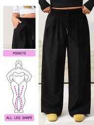 Solflare Plus Size Women Casual Solid Color Drawstring Pants, Suitable For Autumn, Winter And Spring