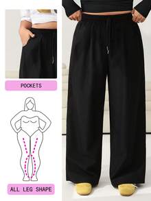 Solflare 大码女式休闲纯色抽绳裤，适合秋、冬、春季穿着 - 黑色 - 查看 1
