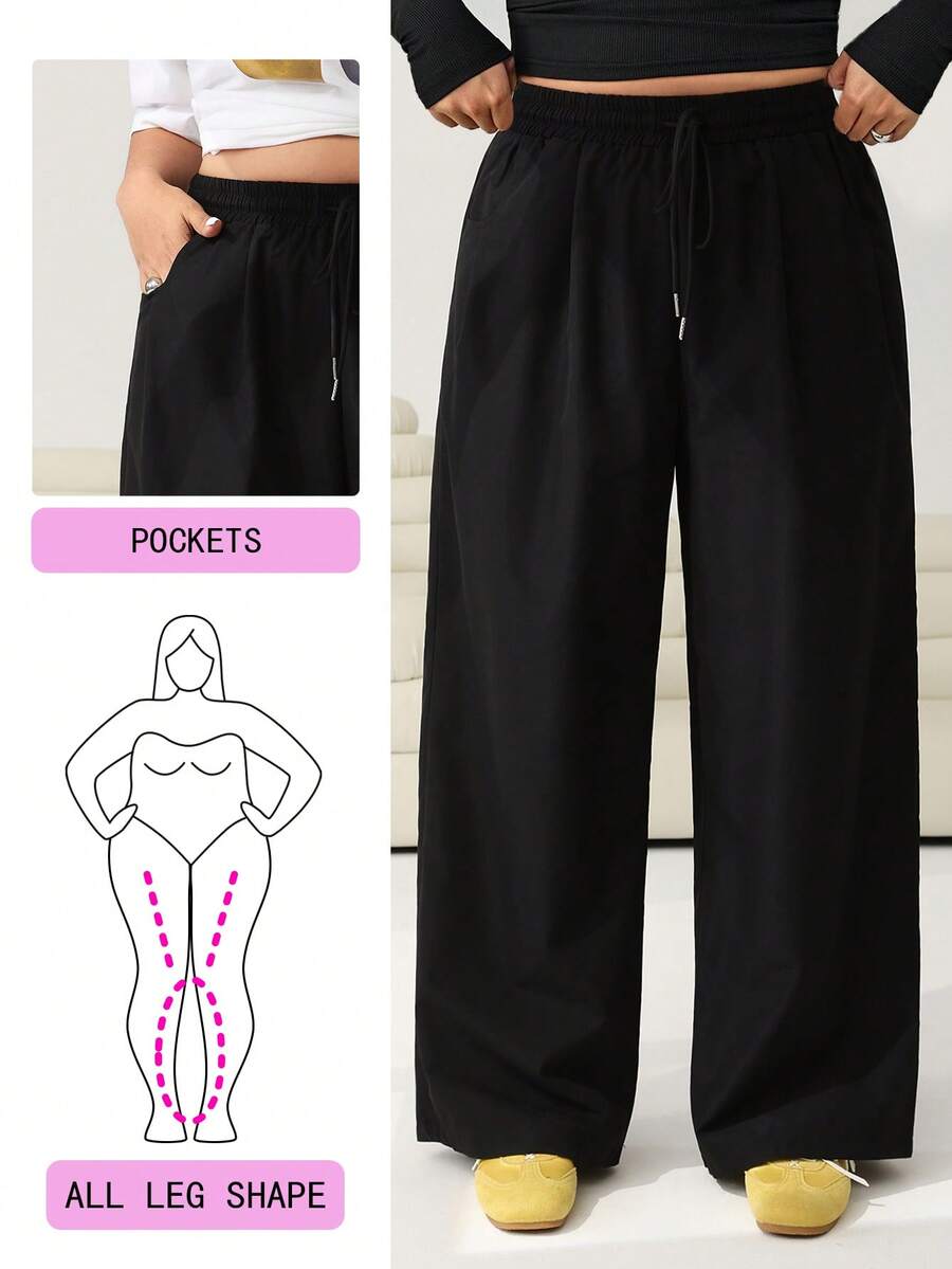 Solflare 大码女式休闲纯色抽绳裤，适合秋、冬、春季穿着 - 黑色 - 查看 1