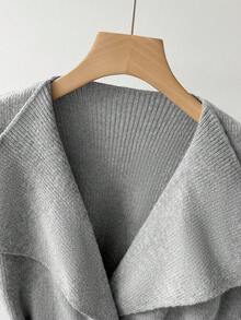 GlowEve 女式束腰翻领长袖针织开衫，优雅设计，高品质，纽扣式 - 灰色 - 查看 5