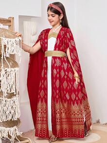 SHEIN Tween Girl Gold Foil Print Round Neck Dress - White - View 6