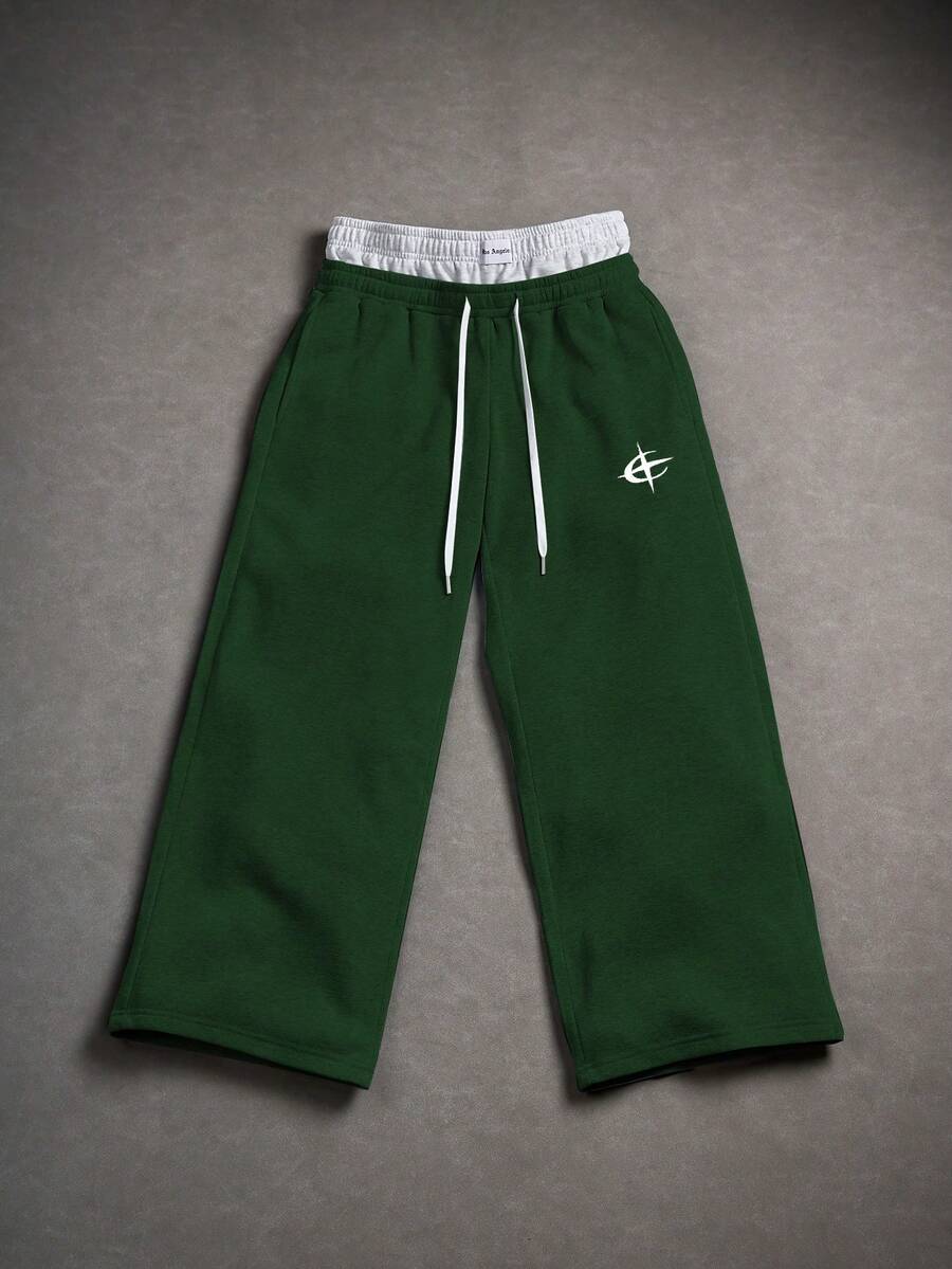 Manfinity EMRG 男士街头风，ins风嘻哈风，二合一腰带，小印花图案腰带，小英文Logo，宽松灰色运动裤，直筒裤型，四季皆宜，适合日常搭配，滑板嘻哈风，男友老公礼物，街头服饰，Y2K风格 - 綠色 - 查看 1