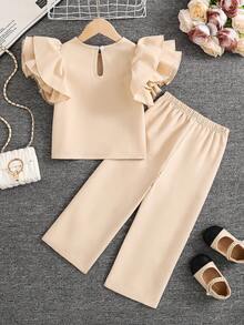 SHEIN Elladie kids Bộ áo thun tay ngắn và quần dài thời trang tối giản cho bé gái - Màu Khaki - Xem 2