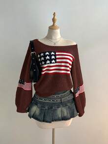 Elamini 女士休闲旗帜图案提花针织毛衣，秋冬款 - 鏽棕色 - 查看 3