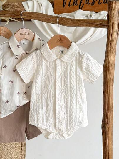 SHEIN Vintaside Kids Infant Baby Boys White Short Sleeve Bodysuit, Casual Knit Jacquard Fabric With Special Hollow-Out Design, Classic Round Collar, Full Button Front Closure, Simple & Versatile, Convenient Open-Crotch Design, Suitable For Spring/Summer Indoor Wear, Comfortable Casual Home, Baptism Or Formal Family Gathering (1M-24M), All Season