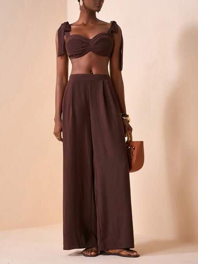 Zivah 2026 Spring/Summer New Valentines Day Music Festival Easter Western Boho Nashville Party Wedding Formal Date Casual Student Daily Basic Leisure Cruise Beach Sunbathing Elegant Commute Business Casual Spaghetti Strap Wide Strap Tie Crop Top + Wide Leg Pants Brown Textured Fabric Spring/Summer 2-Piece Set Brown 2-Piece Set Casual Set Vacation Set Women 2-Piece Outfit