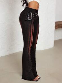 Jeanoix 女士低腰喇叭裤，配有太阳形搭扣和孔眼 - 黑色 - 查看 3