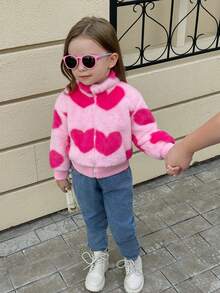 Elladie kids Young Girls' Sweet And Cute Heart-Shape Fluffy Zipper Jacket For Daily Casual And Outdoors, Spring Autumn Winter - Pink - View 4