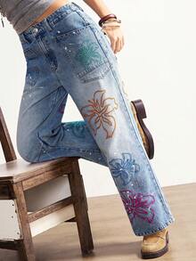 Bohemela 波西米亚风度假休闲纯色梭织宽松刺绣百合花图案女裤 - 藍色 - 查看 3