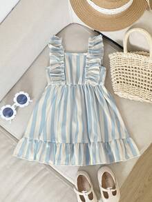 1件女婴可爱甜美田园风时尚休闲浅蓝白竖条纹荷叶边飘逸袖无袖方领A字连衣裙半身裙吊带裙柔软舒适，适合日常穿着、海滩度假、野餐、夏季和春季穿着。 - 藍白色 - 查看 6