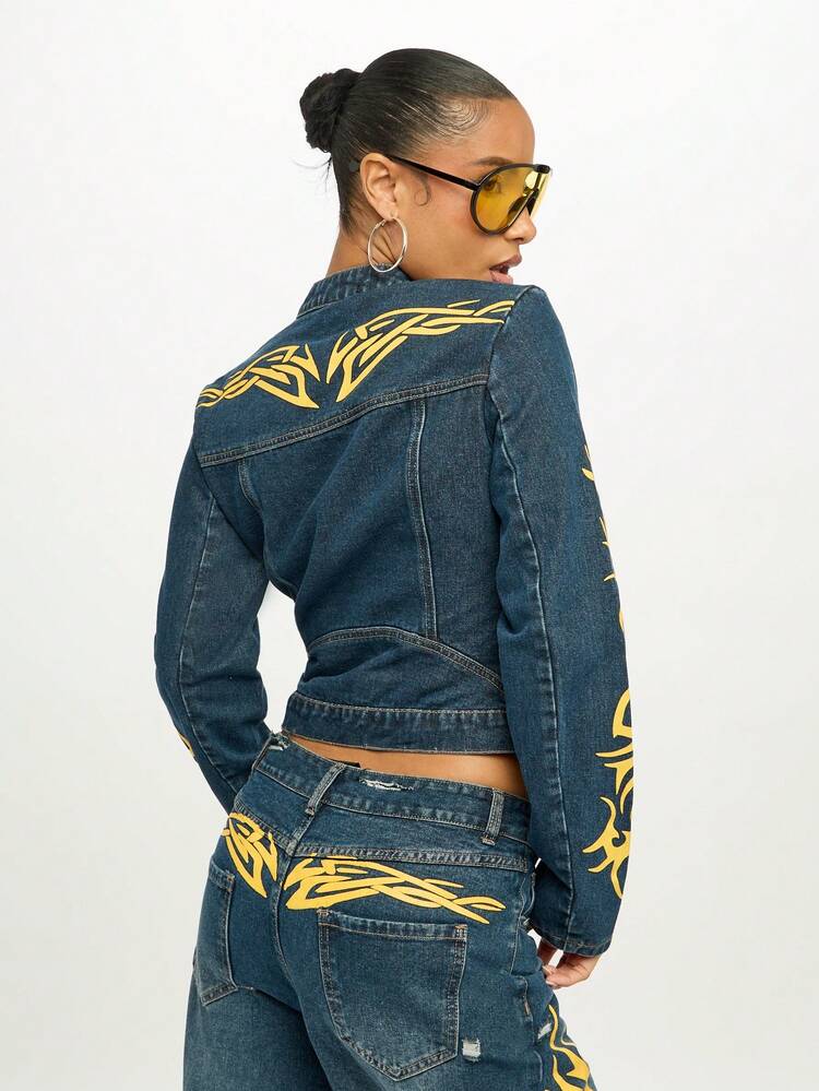 Flame Graphics Denim Cropped Jacket With Yellow Print