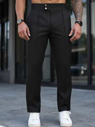 Manfinity Homme Pantalones de traje casuales de oficina y uso diario de cintura alta con bolsillos para hombre