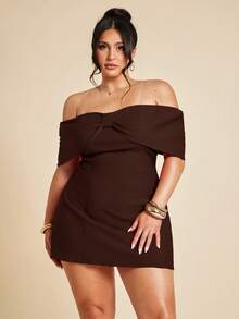 SHEIN BAE Plus Size Women's Elegant Open Shoulder Bow-Tie Cocktail Dress, Suitable For Party, Date Night, Clubbing In Autumn & Winter - Coffee Brown - View 2