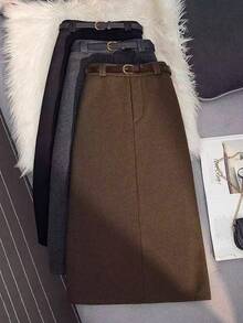 Franclia休闲时尚百搭棕色褶皱复古做旧中长裙，女士休闲裙，圣诞棕色裙，女士秋冬服装 - 棕色 - 查看 1