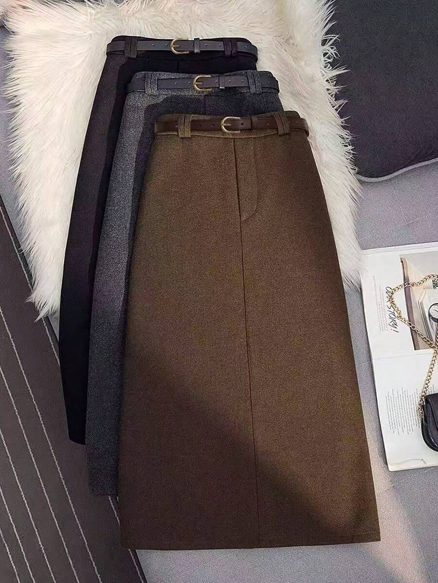 Franclia休闲时尚百搭棕色褶皱复古做旧中长裙，女士休闲裙，圣诞棕色裙，女士秋冬服装 - 棕色 - 查看 1