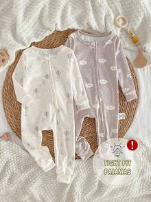 2pcs Baby Boy Cute Cartoon Smiling Cloud & Hot Air Balloon Print Jumpsuit, Comfortable Casual Zipper Front Long Sleeve Romper Outfit Baby Casual Zipper Romper Baby Bamboo Fiber Zip Up Baby Sleep Wear Neutral Baby Clothes Unisex Snug Fit - Multicolor - View 1