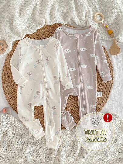 2pcs Baby Boy Cute Cartoon Smiling Cloud & Hot Air Balloon Print Jumpsuit, Comfortable Casual Zipper Front Long Sleeve Romper Outfit Baby Casual Zipper Romper Baby Bamboo Fiber Zip Up Baby Sleep Wear Neutral Baby Clothes Unisex Snug Fit