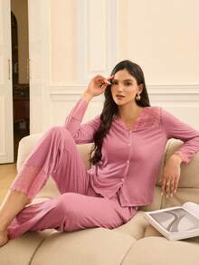 Moireta Elegant Lace Patchwork V-Neck Open Front Cotton Women Pajama Set, Suitable For Valentine's Day - Dusty Pink - View 4