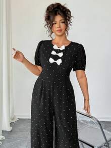 Elenzga Tuta casual a pois da donna taglie forti, elegante stile francese, per la Festa di San Valentino, con fiocco decorativo, collo rotondo, maniche a palloncino, vita stretta, effetto snellente - nero - Visualizzare 5