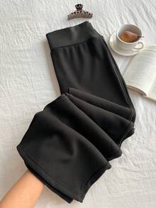 SHEIN EZwear Plus Size Autumn/Winter Casual Solid Color Wide-Waist Thickened Pants - Black - View 4