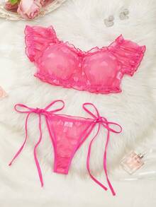 2pcs Lace Wireless Bra & Thong Panty Set (Wireless, Thong), Suitable For Wedding Season - Hot Pink - View 7