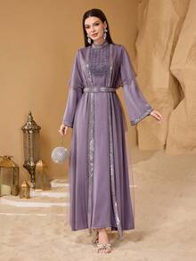 SHEIN Najma 优雅3D立体花卉装饰拼接女士系带修身连衣裙 - 紫色 - 查看 4
