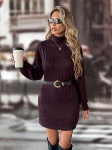 Chiquease Solid Color Turtleneck Ribbed Knit Long Sleeve Sweater Dress - Red Violet - View 5
