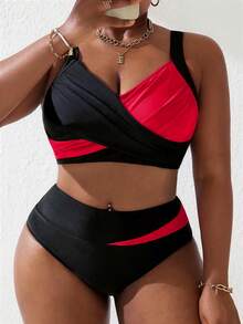 Slaydiva 大码女式两件套黑粉拼接褶皱吊带泳衣套装，夏季海滩度假