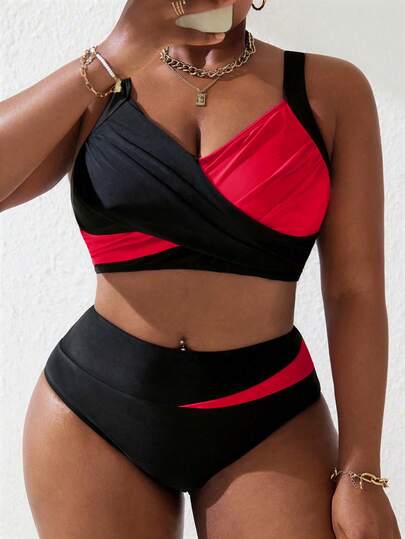 Slaydiva Plusstorlek Dam 2-delars svart & rosa Splice Ruched Tankini Baddräktsset, Sommarstrandsemester