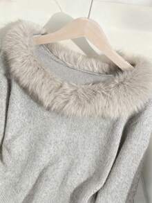 SHEIN Franclia Women's Minimalist Fashion Fur Collar Patchwork Raglan Sleeve Solid Color Knit Pullover Sweater, Autumn/Winter - Light Grey - View 3