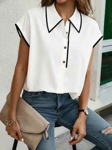 EMERY ROSE Women's Contrast Color Polo Collar Short Sleeve Top - White - View 1
