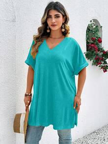EMERY ROSE Kaos Wanita Ukuran Besar Model V-Neck Batwing Lengan Pendek Kasual Longgar dengan Belahan Samping di Bagian Bawah - Cadet Blue - View 5