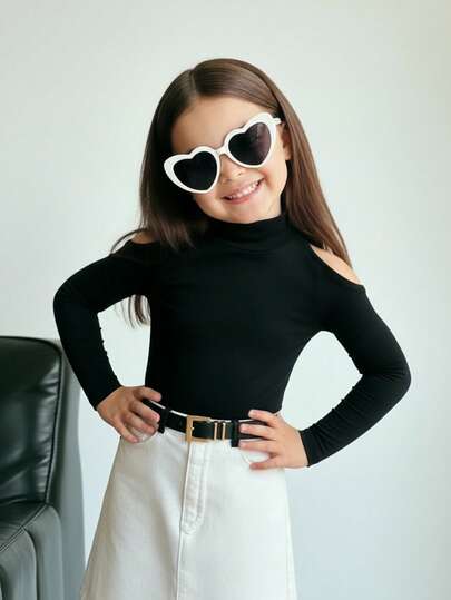 Firerie Kids Firerie Kids Young Girl Solid Color Stand Collar Cutout Shoulder Casual T-Shirt, Christmas, Fitted Vintage Gigot Sleeve Mock Neck T-Shirt, Sport Style ,Great For Casual & Daily Wear & School Daily In Autumn & Winter, Cool Street Style, Daily Wear, School Daily,Y2k Girl, Casual & Cute, Tight Black Top