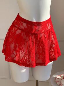 Comfortcana 女士红色蕾丝迷你裙：休闲半透明针织裙，荷叶边下摆细节，圣诞节女士红色蕾丝裙 - 紅色 - 查看 3