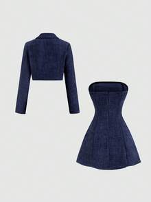 Sweetra 法国系列秋冬新款两件套，时尚俏皮的公主风派对连衣裙，收腰显瘦设计，百搭优雅的正式礼服 - 藍色 - 查看 2