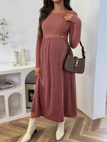 SHEIN فستان كاجوال بتصميم أزرار الخصر وأكمام طويلة وياقة مستديرة للحوامل - الأحمر - مشاهدة 5
