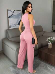 Vavine Romantic Valentine's Pink Set-Perfect Date Outfit, Pants Suit, Business Commute 'old Money' Style. Fashion-Forward Women's Sleeveless Top With Tailored Pants, Metallic Button Details, High-Stretch Fitted Tank And Pants Two-Piece Suit. Fall Officewear For Women-Elegant Business Casual, Resort-Ready And Date-Appropriate.