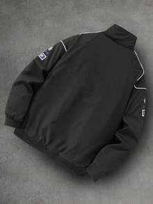 PAVTROS Manfinity Streetrush 男士街头风摩托车风格字母印花撞色滚边拉链立领保暖羽绒服，秋冬季，男士街头风穿搭，男友礼物，圣诞礼物 - 藏蓝色 - 查看 2