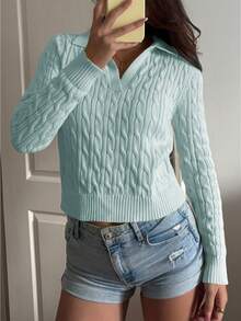 SHEIN Unity 女士休闲抽绳长袖针织衫，浅黄色，秋冬款 - 薄荷藍 - 查看 5