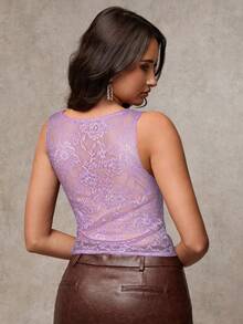 SHEIN BAE 女士复古蕾丝透视性感休闲百搭时尚蕾丝吊带背心，性感蕾丝上衣，秋冬内衣，夜店、感恩节、新年派对上衣，外出、音乐节 - 淡紫色 - 查看 2