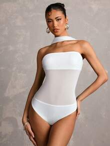 SHEIN BAE Body transparent sans bretelles noir unicolore pour femmes, blanc, été, élégant, sexy chic, club, convient pour les festivals de musique, les concerts, les fêtes, les tenues de festival - Blanc - Voir 6