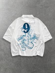 ROMWE MEN Goth Men's Architecture Print Polo Collar Short Sleeve Polo T-Shirt - White - View 2