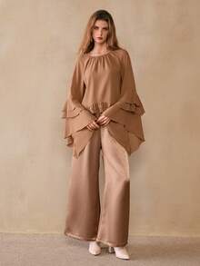 Florisole Women's Romantic Bohemian Loose Ruffled Blouse And Satin Pants 2 Pieces Set, Spring/Autumn - Khaki - View 6