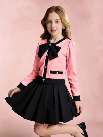 Tween Girls Contrast Color Bow Decor Long Sleeve T-Shirt And Solid Color Skirt Set