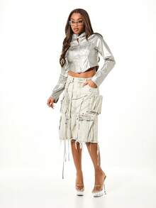 SUMWON WOMEN Metallic Panel Cropped Moto Jacket With Star Embellishments And Full Zip Closure For Fall Winter - Grey - View 3