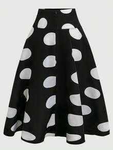 Olithes Women's Elegant Polka Dot Print Tie-Waist A-Line Mid Skirt, Autumn - Black and White - View 2
