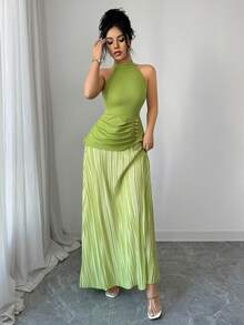 SHEIN Elenzya 女士绿色圆领吊带长裙，夏季度假风优雅无袖褶裥下摆二合一设计连衣裙 - 綠色 - 查看 4