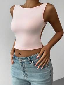 SHEIN PETITE Women's Sexy Tie-Front Backless Cropped Tank Top, Summer - Pink - View 4